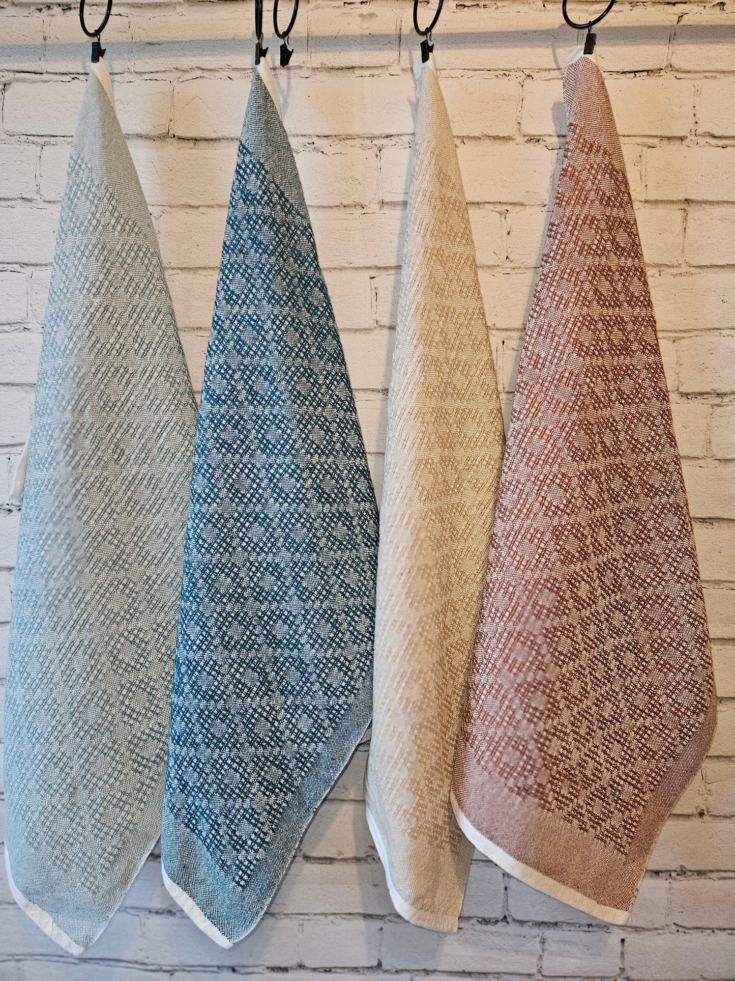 Linen / cotton Huck Diamond Teal Towels